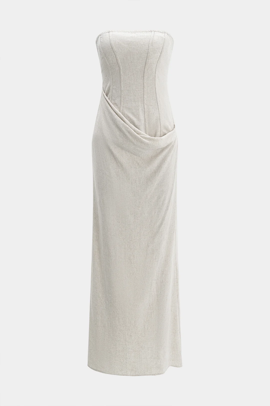 Linen Ruched Strapless Sleeveless Midi Dress - Weenar