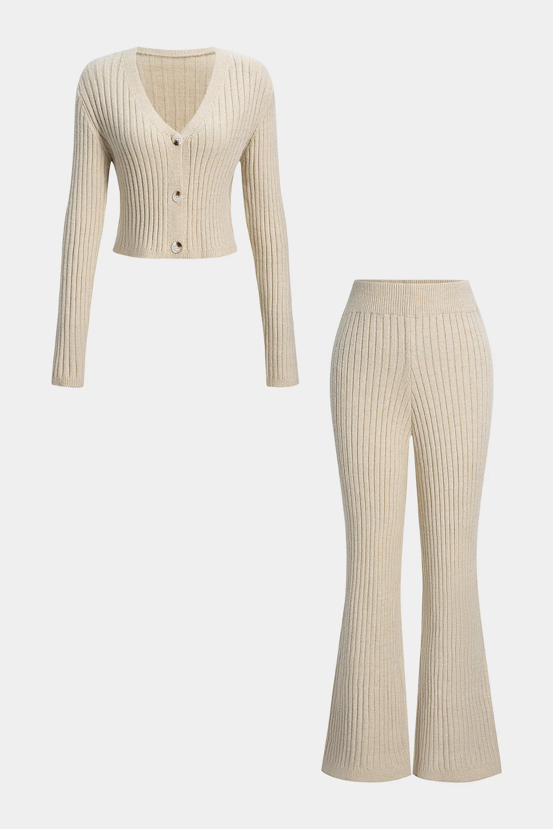 Knit Ribbed Button Long-Sleeve Top And Bell Leg Trousers Set - Weenar