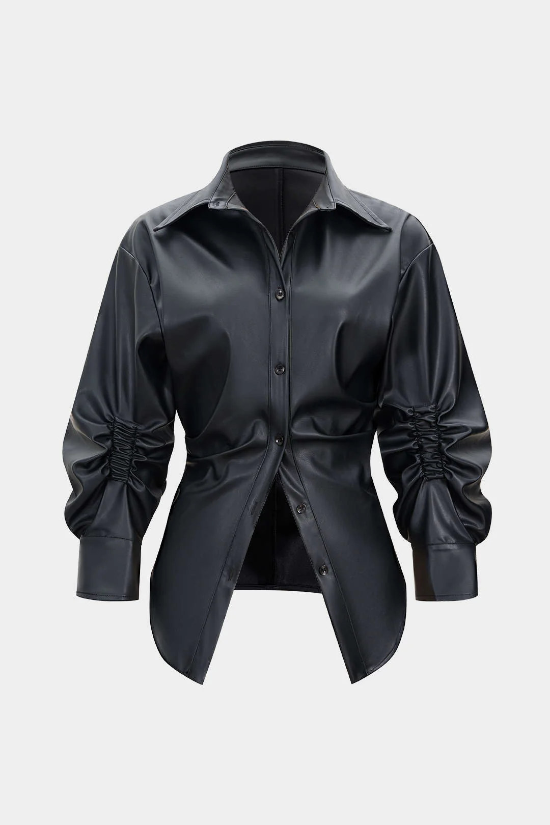 Faux Leather Ruched Button Asymmetrical Shirt - Weenar