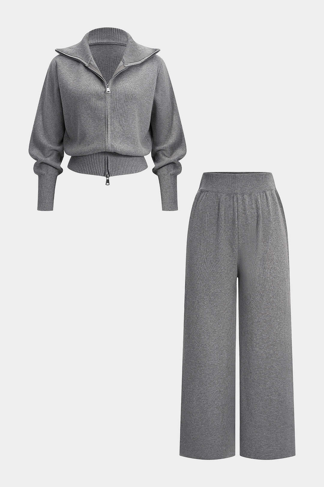 Knit Zipper Long-Sleeve Hoodie And Shirred Waistband Zipper Wide Leg Pants Set - Weenar