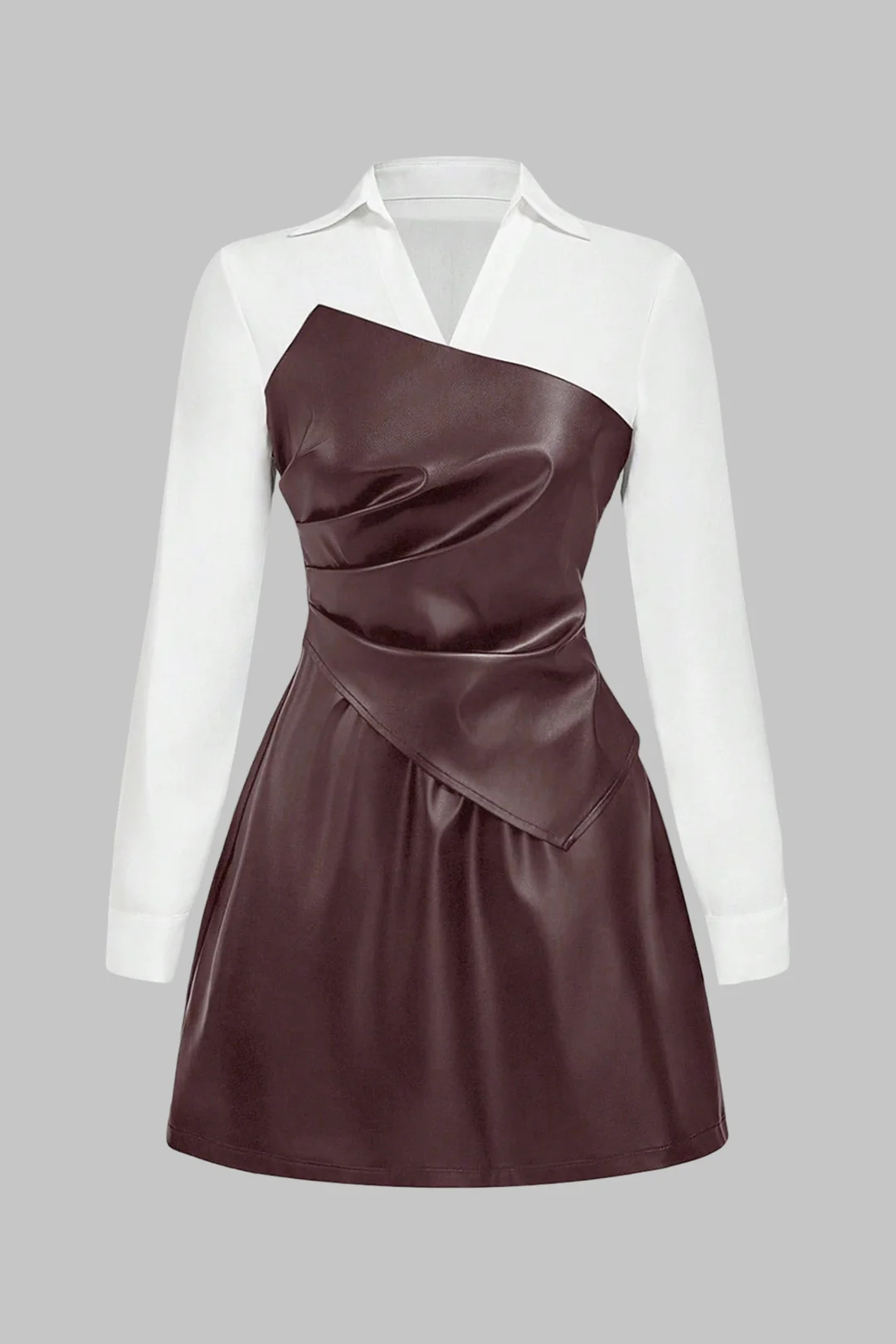Faux Leather Patchwork Asymmetrical Ruched Long Sleeve Mini Dress - Weenar