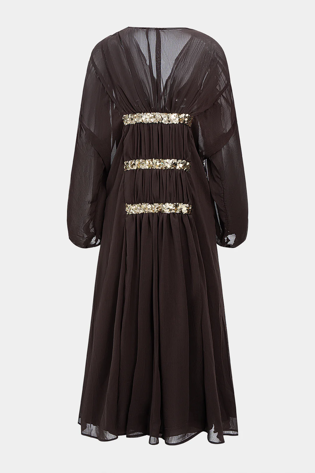Mesh Sequin Decor V-Neck Ruched Long Sleeve Maxi Dress - Weenar