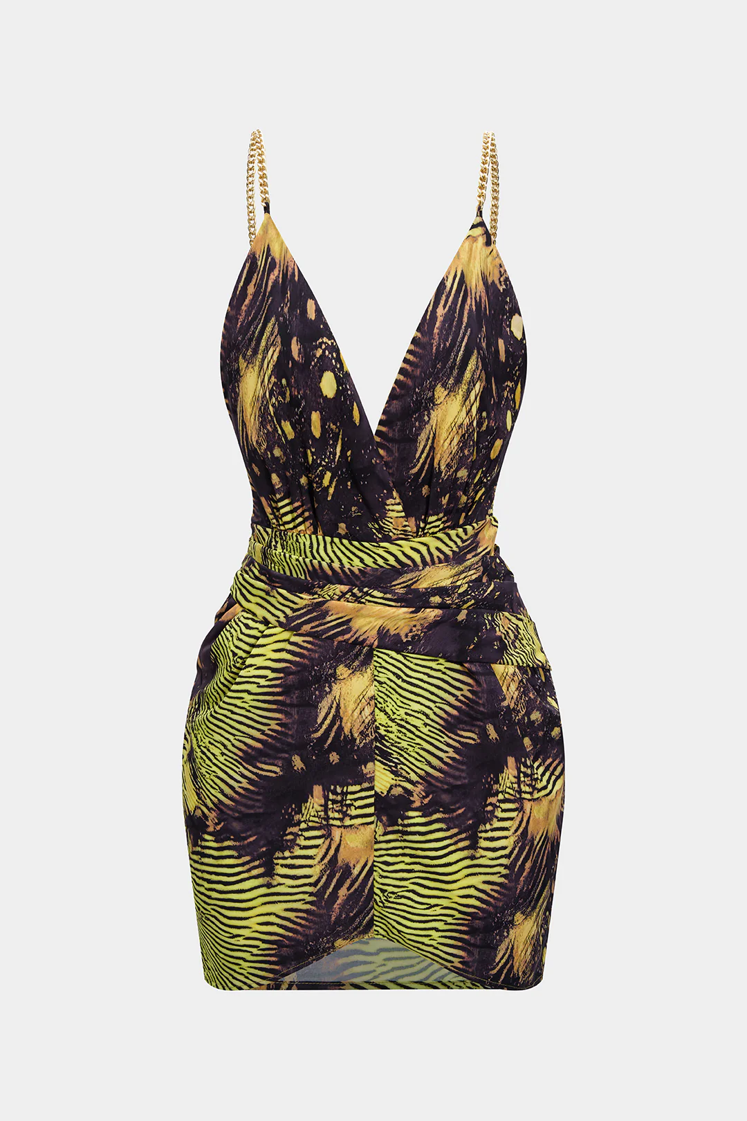 Tropical Print Metallic Chain Asymmetrical Sleeveless Mini Dress - Weenar