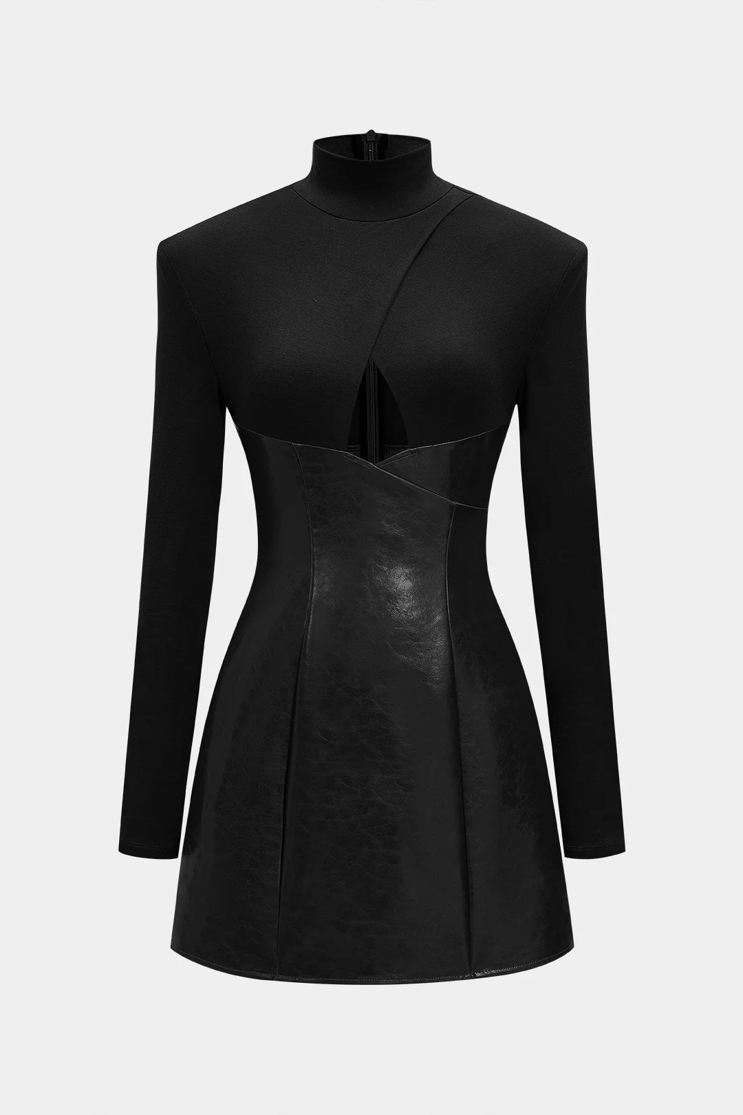 Mock Neck Faux Leather Patchwork Cut Out Long Sleeve Mini Dress - Weenar