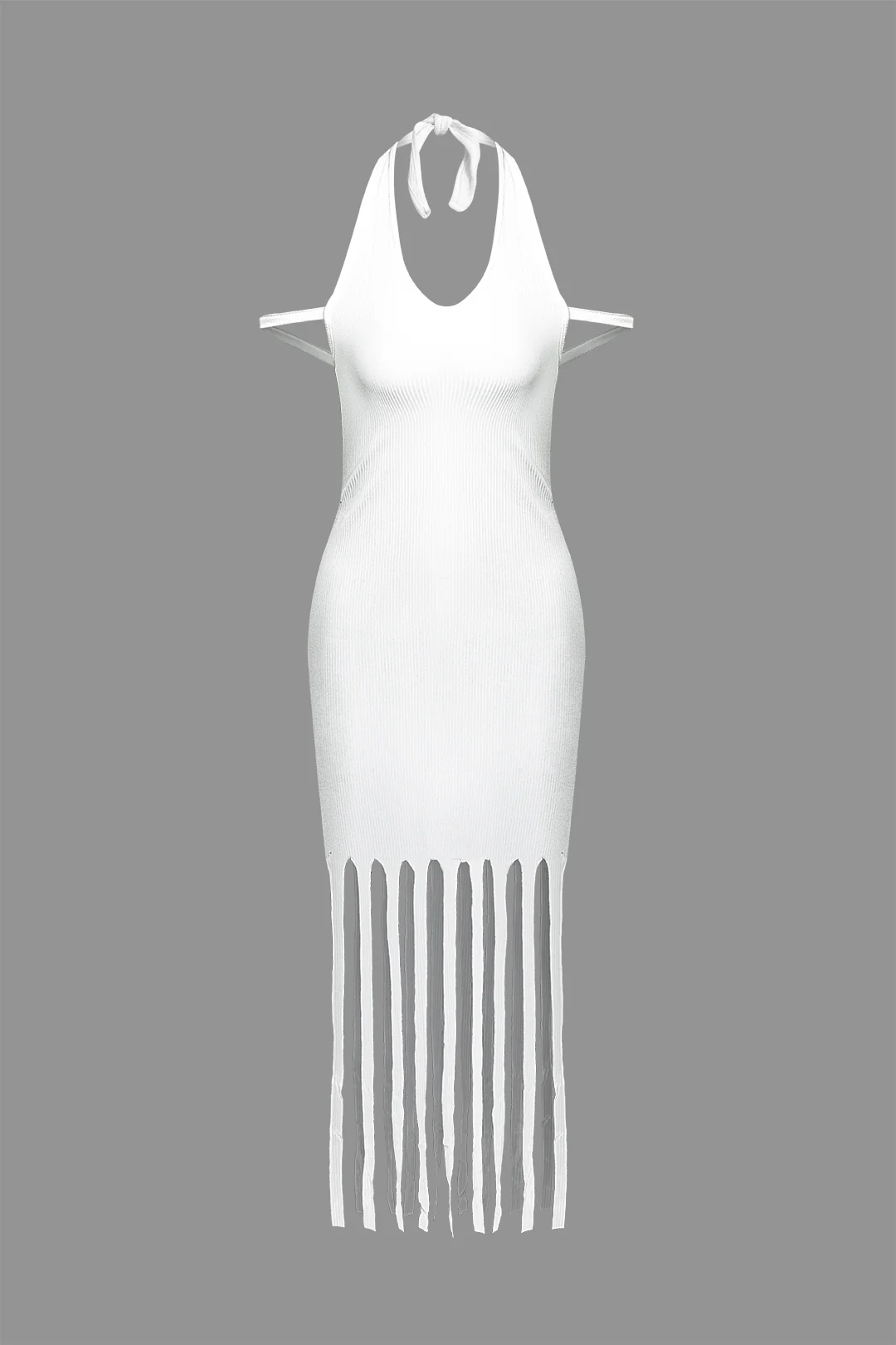 Knit Fringe Halter Neck Backless Dress - Weenar