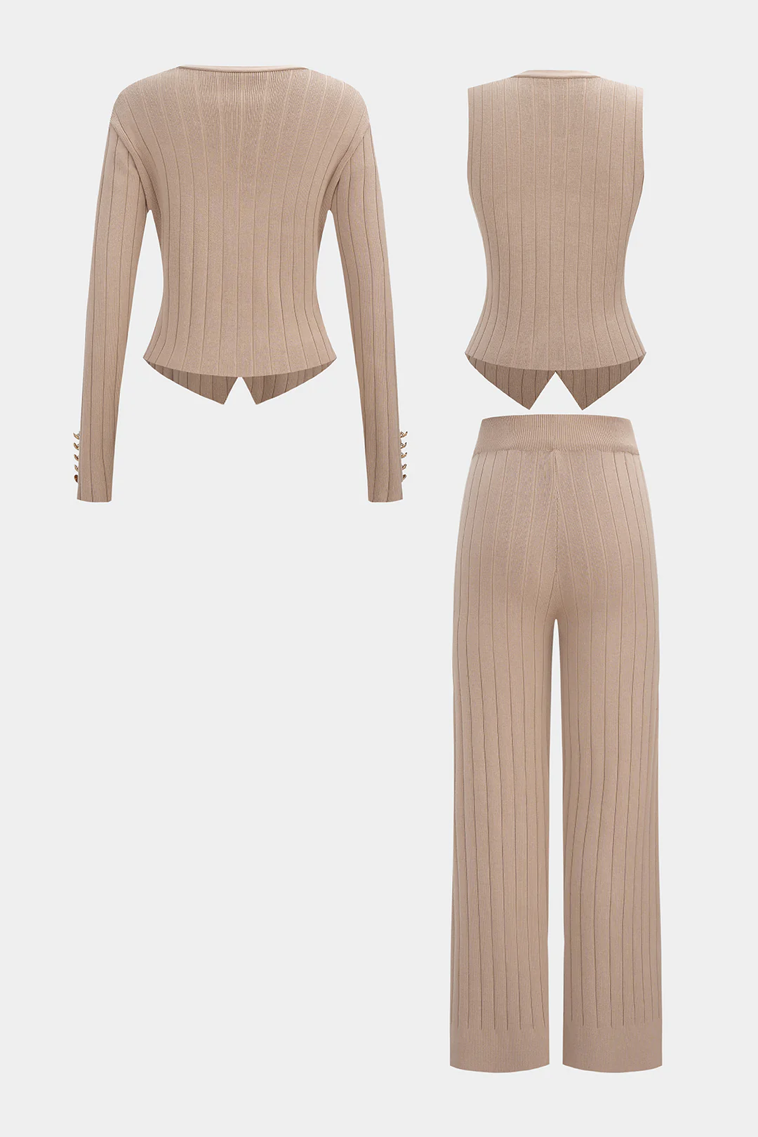 Knit V-Neck Metallic Button Long Sleeve Top And Vest And Wide Leg Pants Set - Weenar