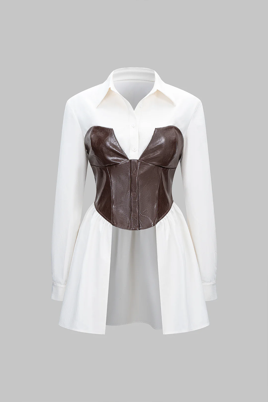 Faux Leather Patchwork Ruched Long-Sleeve Shirt - Weenar