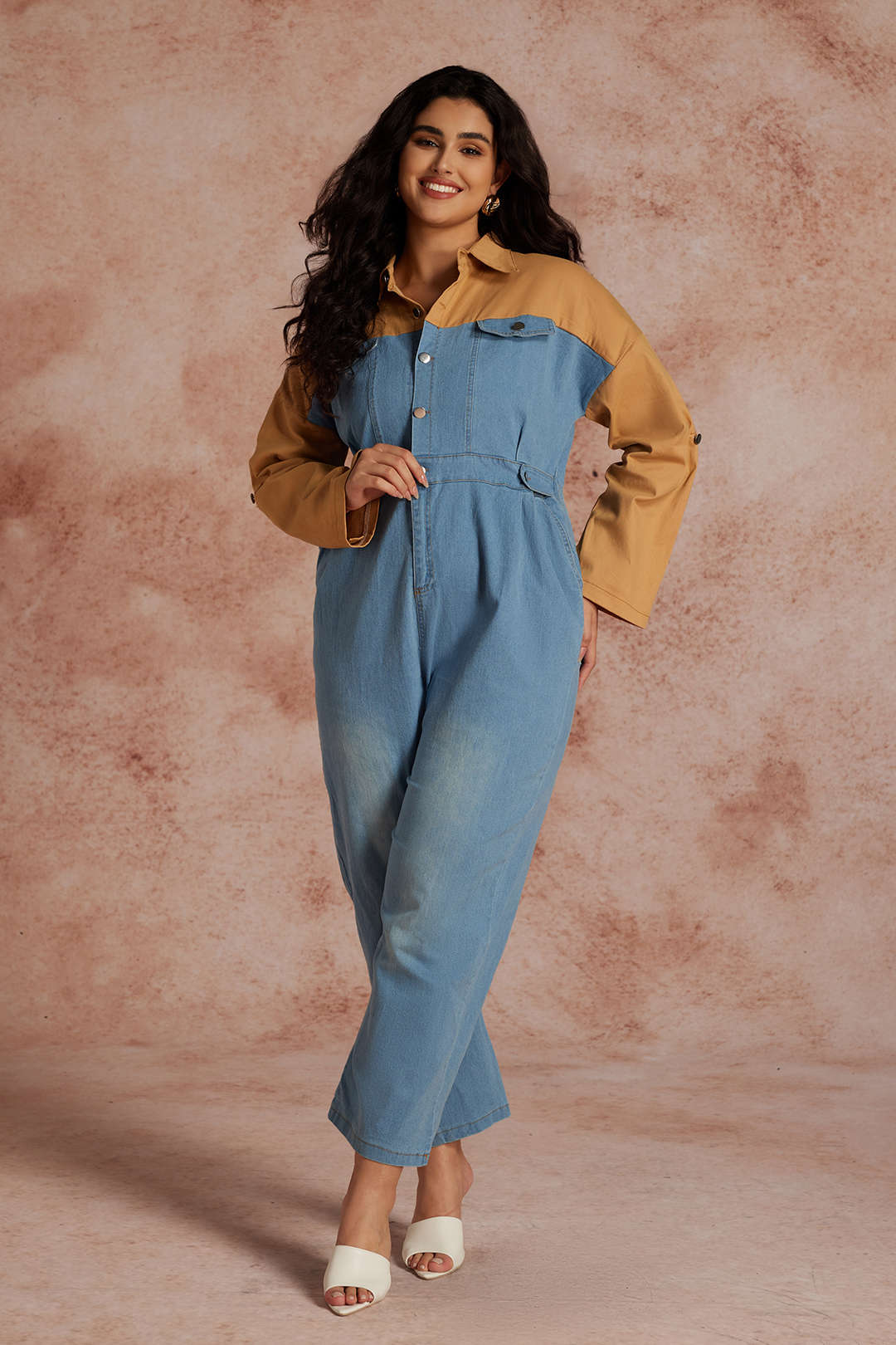 Plus Size Color Block Long Sleeve Jumpsuit - Weenar