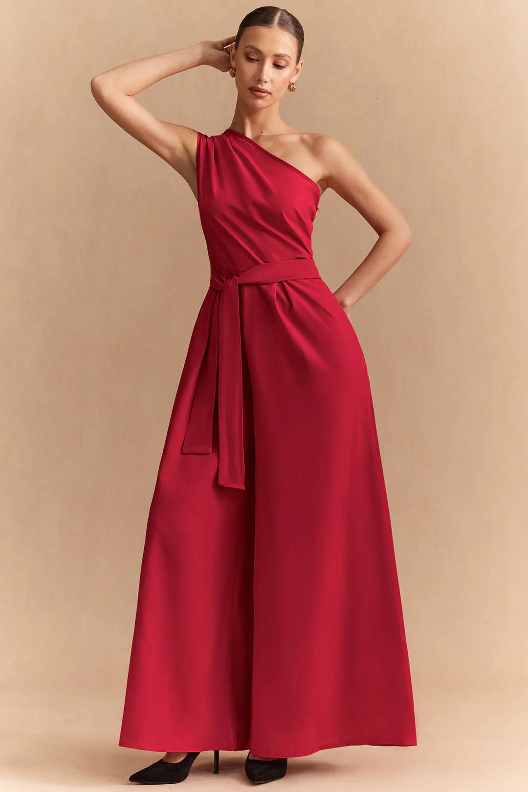 Solid One Shoulder Strappy Sleeveless Jumpsuit - Weenar