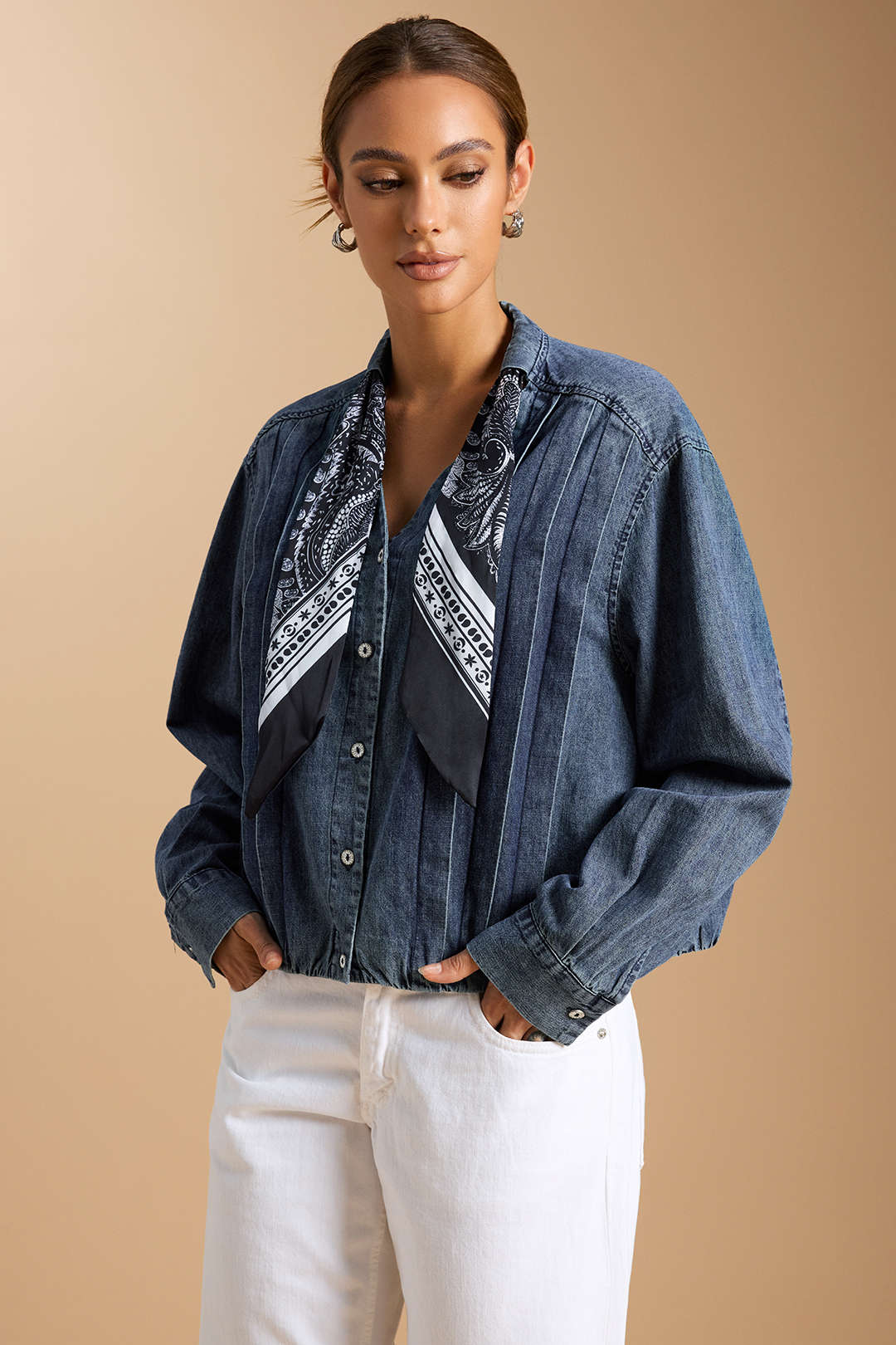Denim Tie-Up Pleated Long Sleeve Shirt - Weenar