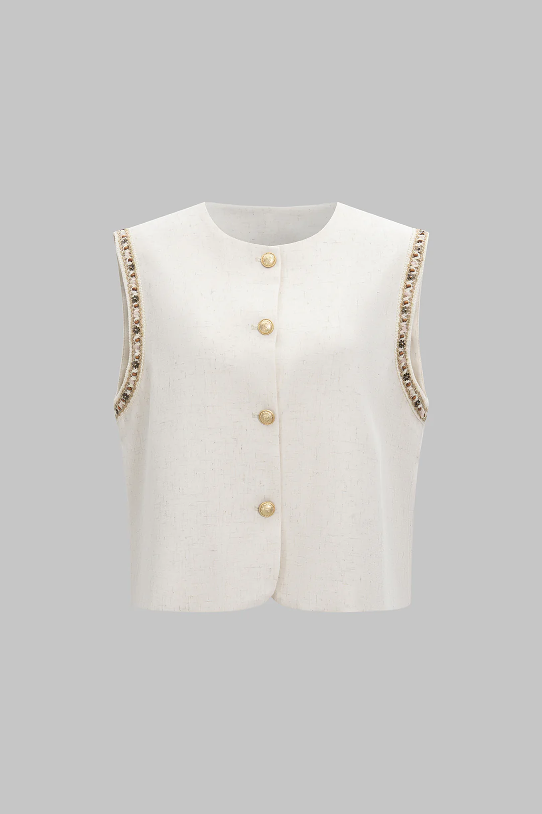 Round Neck Chain Trimmed Button Vest - Weenar