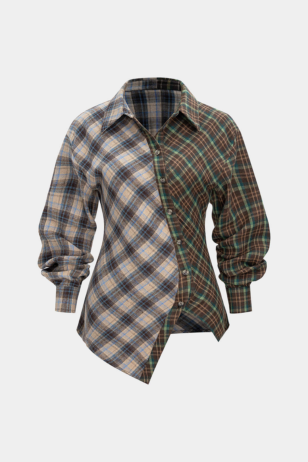 Plaid Print Asymmetrical Button Long-Sleeve Shirt - Weenar