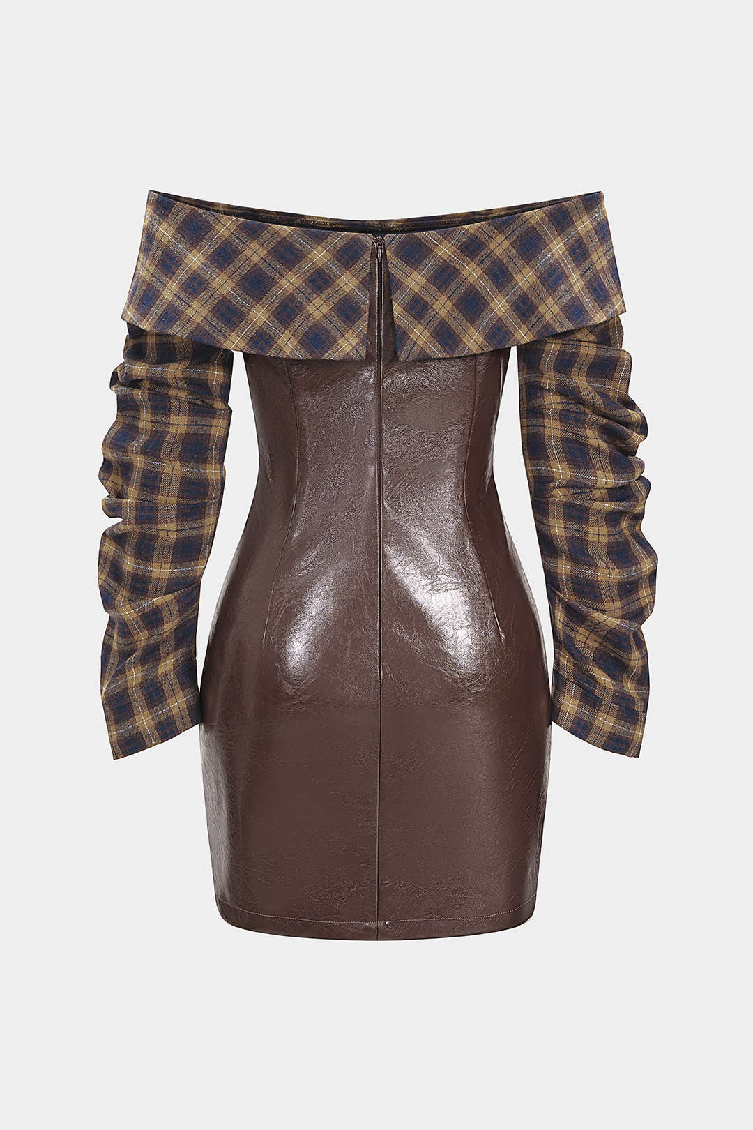 Faux Leather Patchwork Plaid Print Off Shoulder Zipper Long Sleeve Mini Dress - Weenar