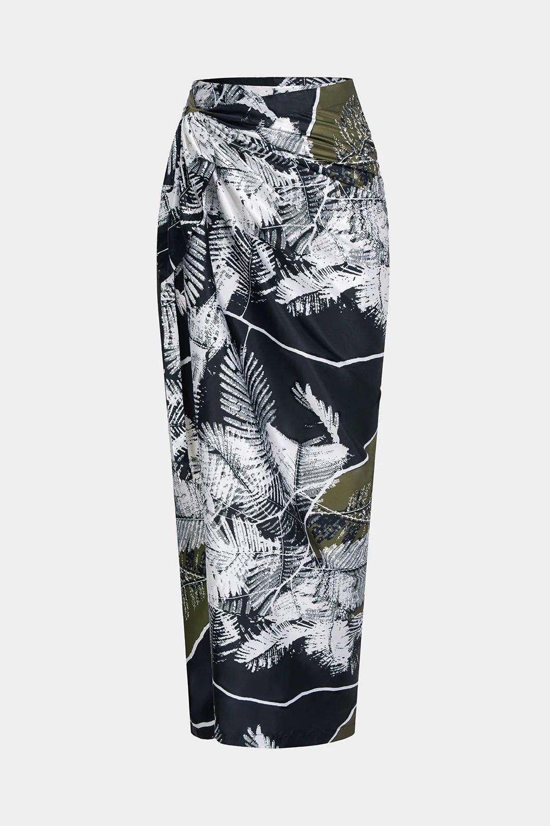Leaves Print Satin Asymmetrical Tie-Up Ruched Skirt - Weenar