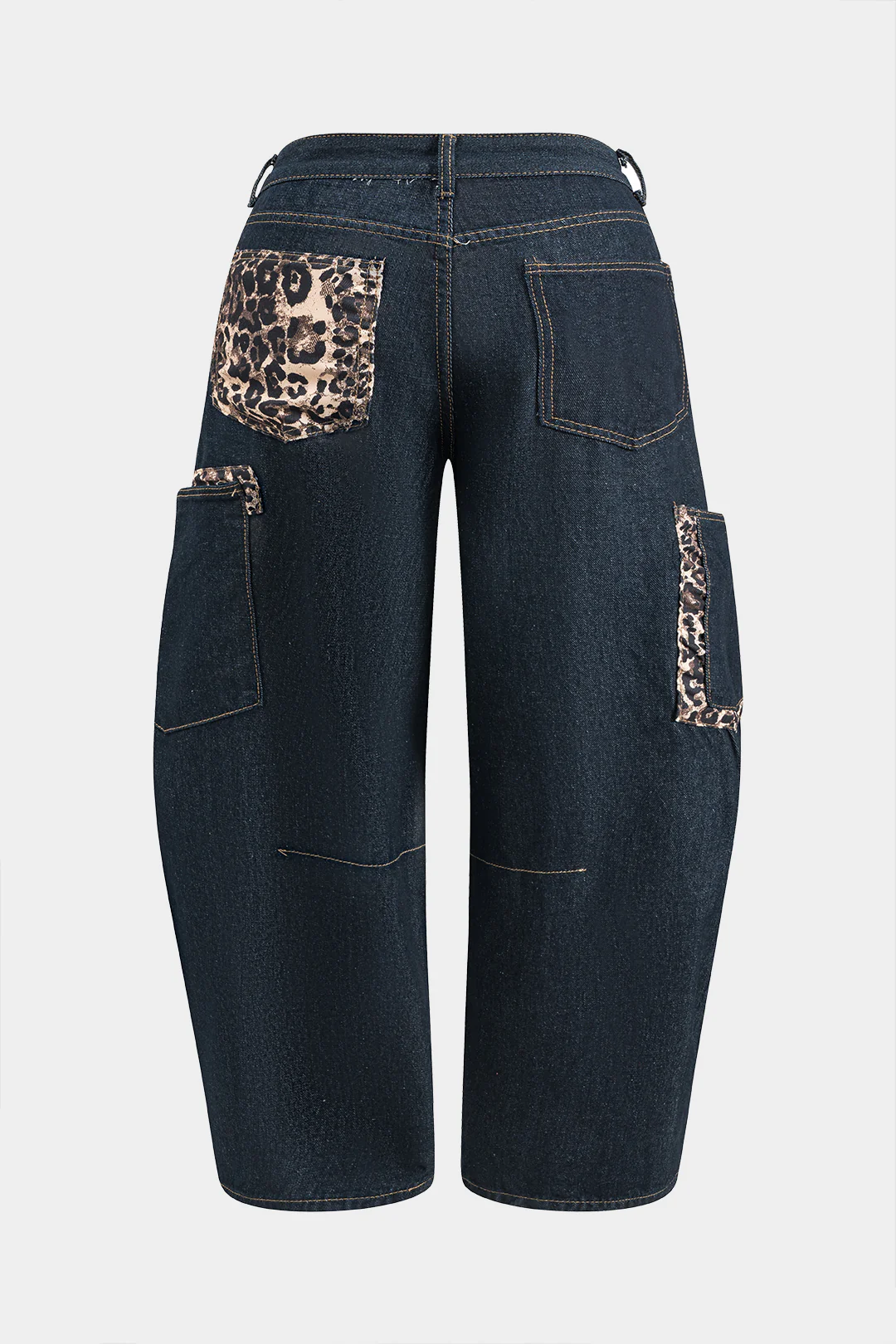 Plus Size Leopard Print Denim Patchwork Button Pocket Wide Leg Barrel Jeans - Weenar