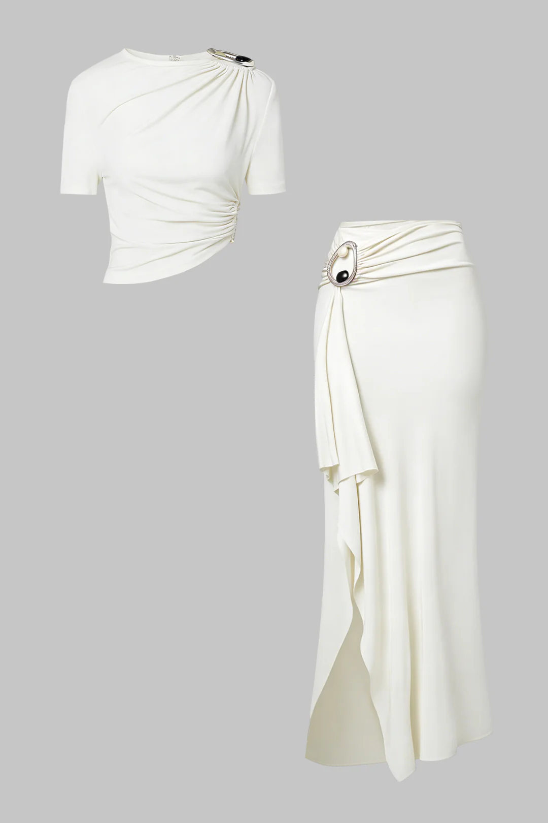 Metallic Decor Asymmetrical Ruched Short Sleeve Top And Irregualr Hem Split Skirt Set - Weenar