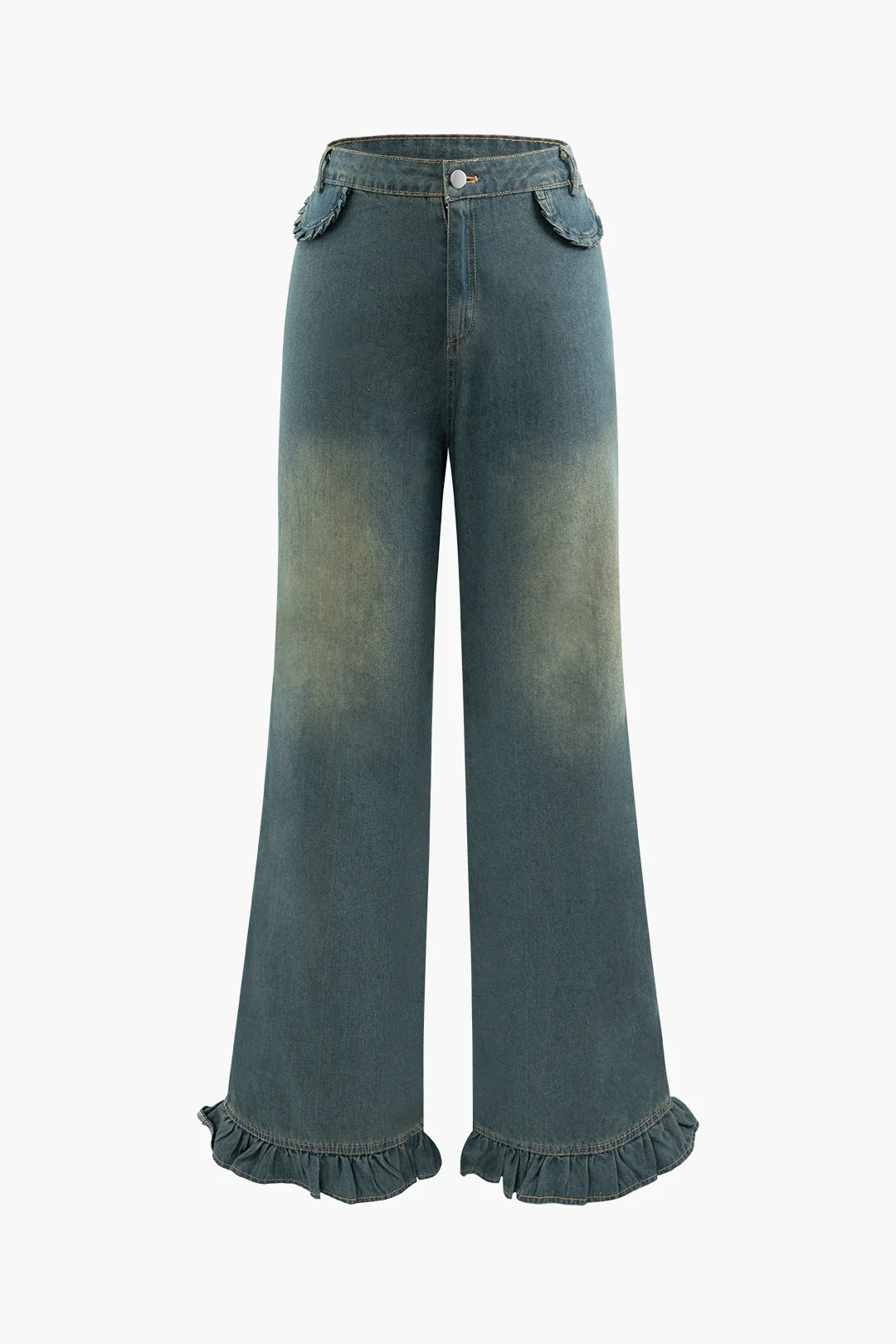 Denim Ruffle Hem Ruched Straight Wide-Leg Long Jeans - Weenar