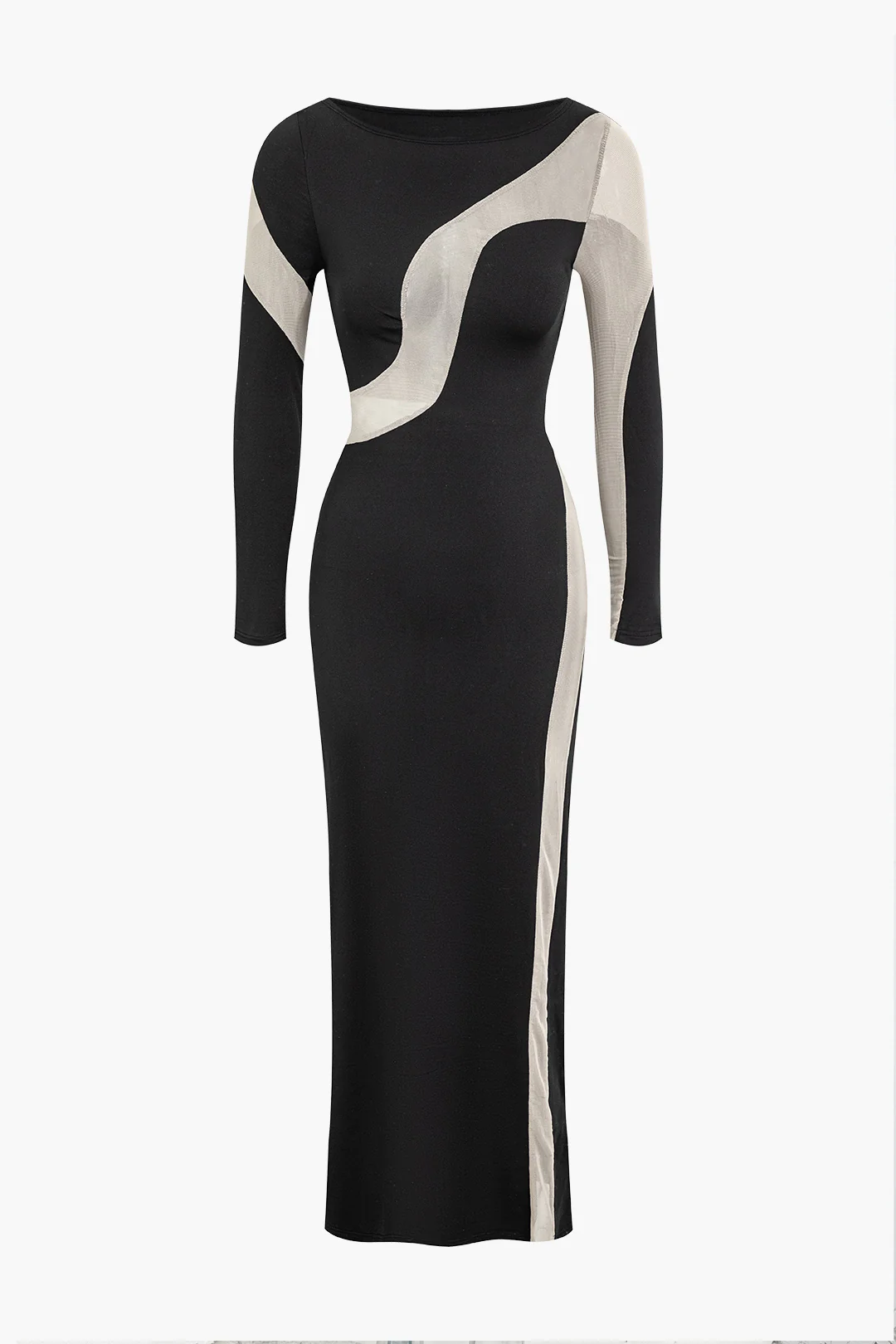 Mesh Contrast Round Neck Long Sleeve Maxi Dress - Weenar