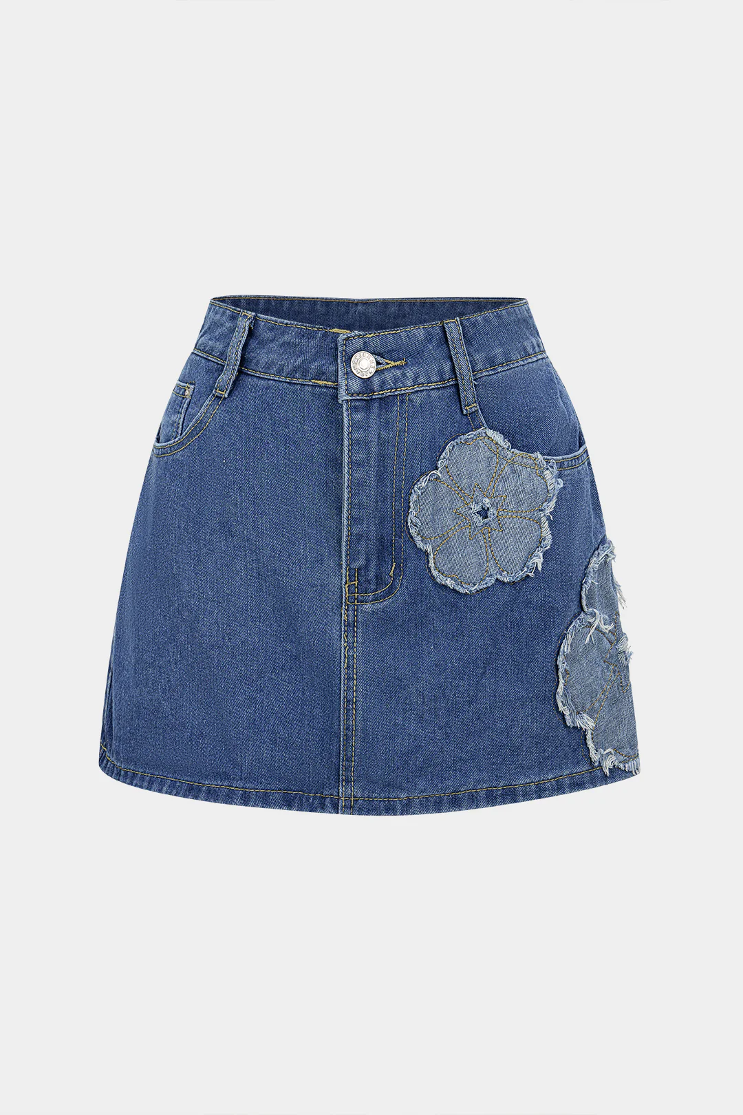 Denim Flower Applique High Waist Skirt - Weenar