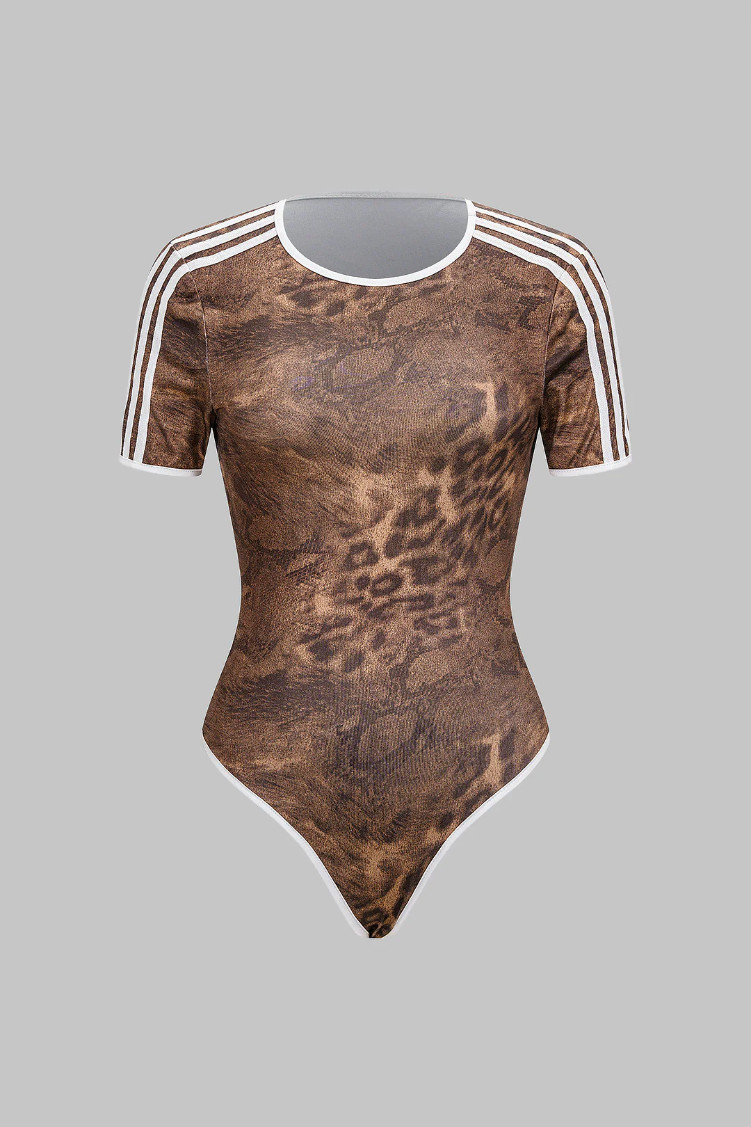Leopard Stripes Print Round Neck Short Sleeve Bodysuit - Weenar