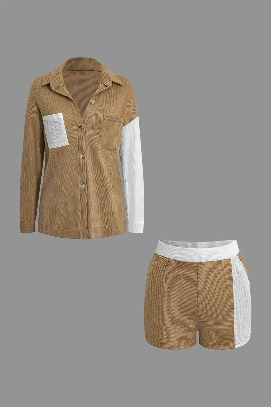 Contrast Pocket Long Sleeve Top And Shorts Set - Weenar