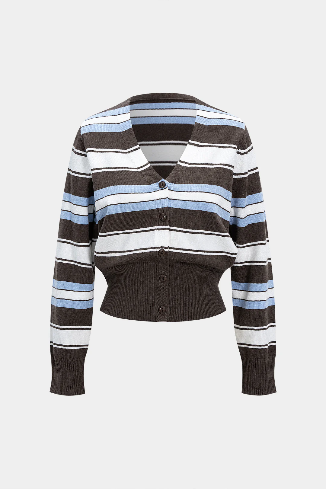 Knit Contrast Stripes Print V-Neck Button Long-Sleeve Top - Weenar