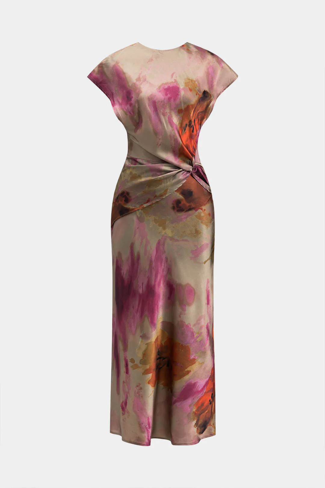 Tie Dye Ruched Cut Out Button Twist Knot Midi Dress - Weenar