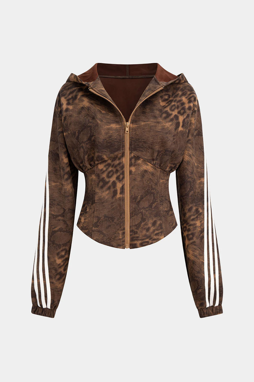 Leopard Stripes Print Zipper Waist-Cinching Long-Sleeve Hoodie - Weenar