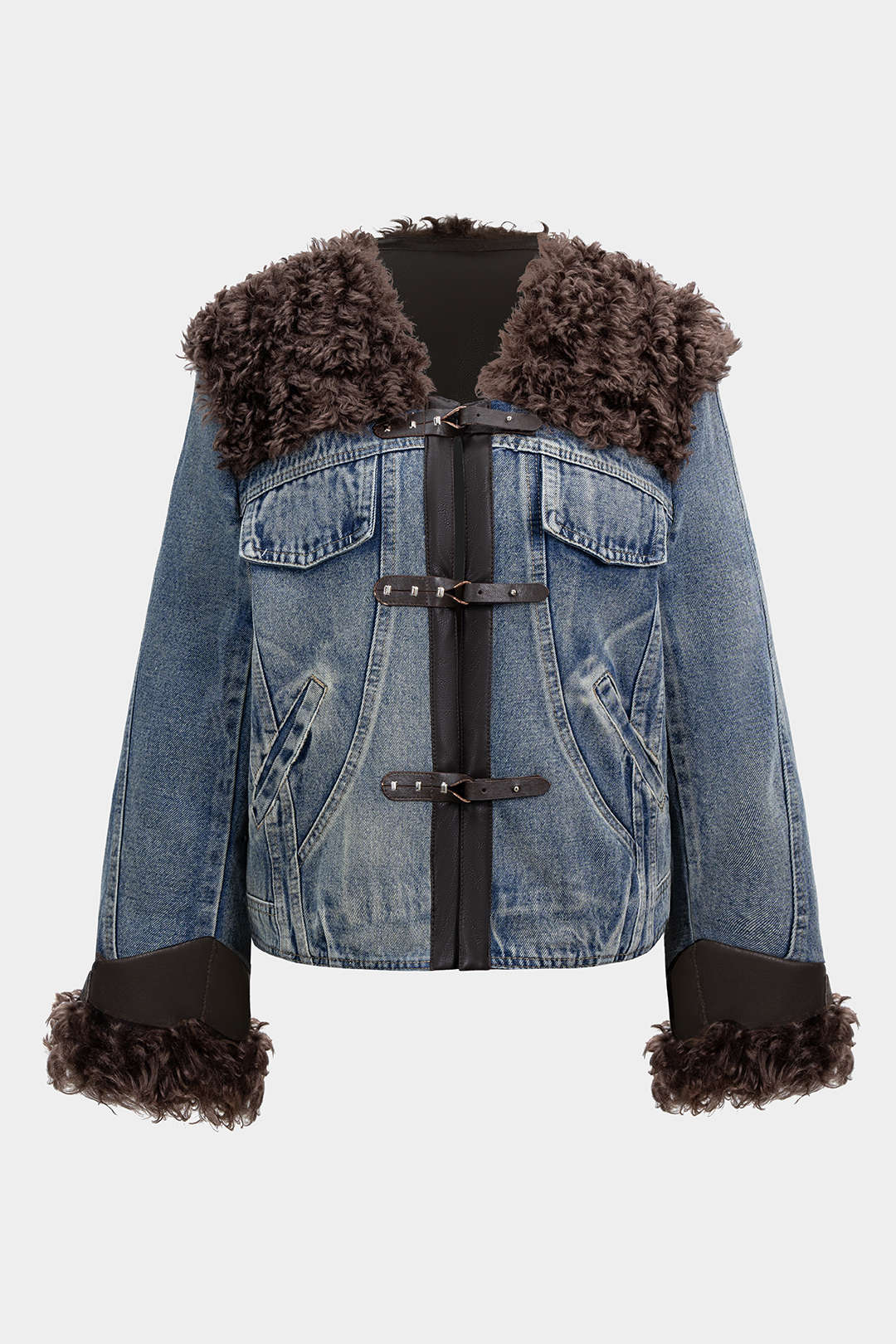 Denim Patchwork Faux Fur Pocket Outerwear - Weenar