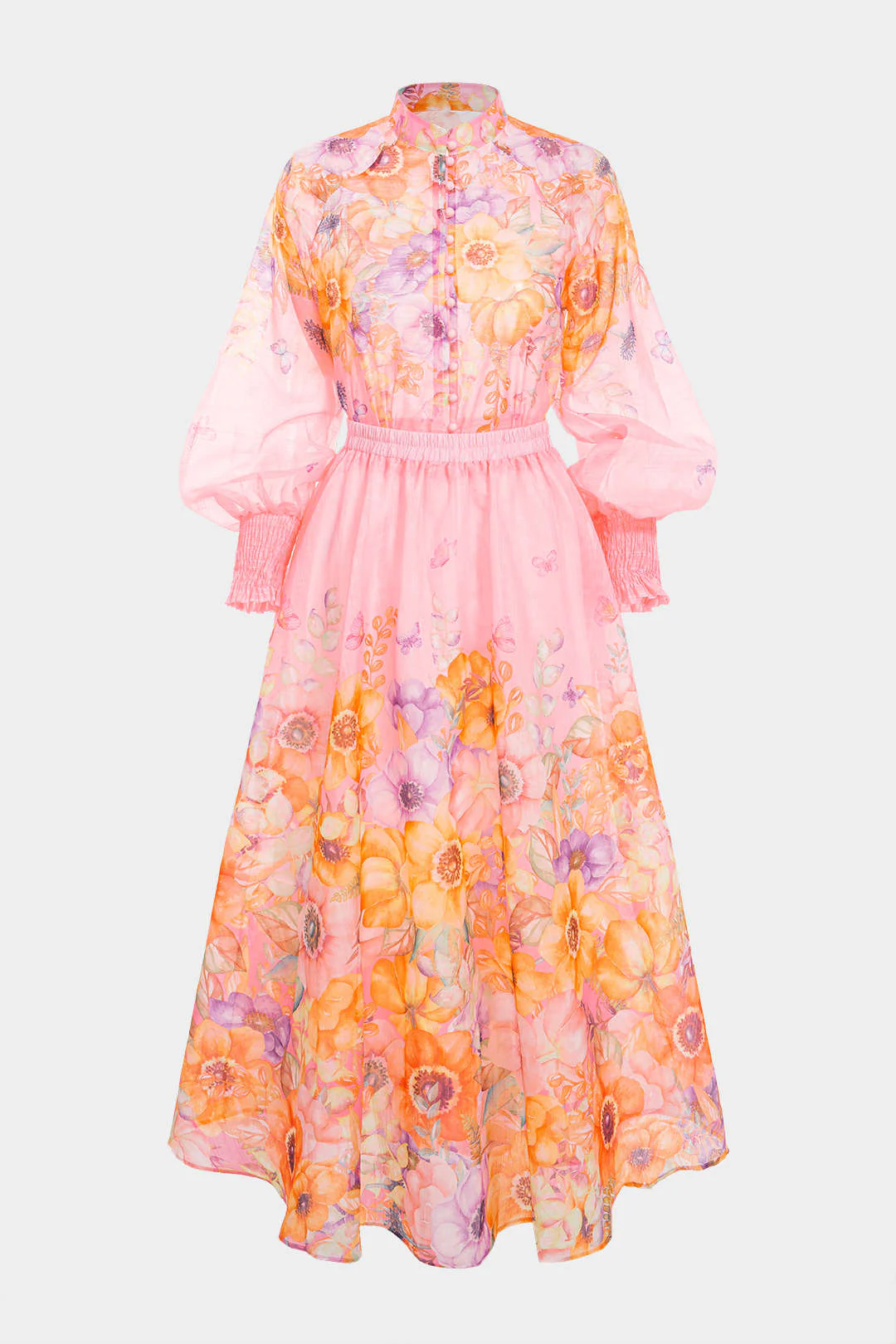 Floral Print Stand Collar Lantern Long Sleeve Shirt And Ruched High Waist Skirt Set - Weenar