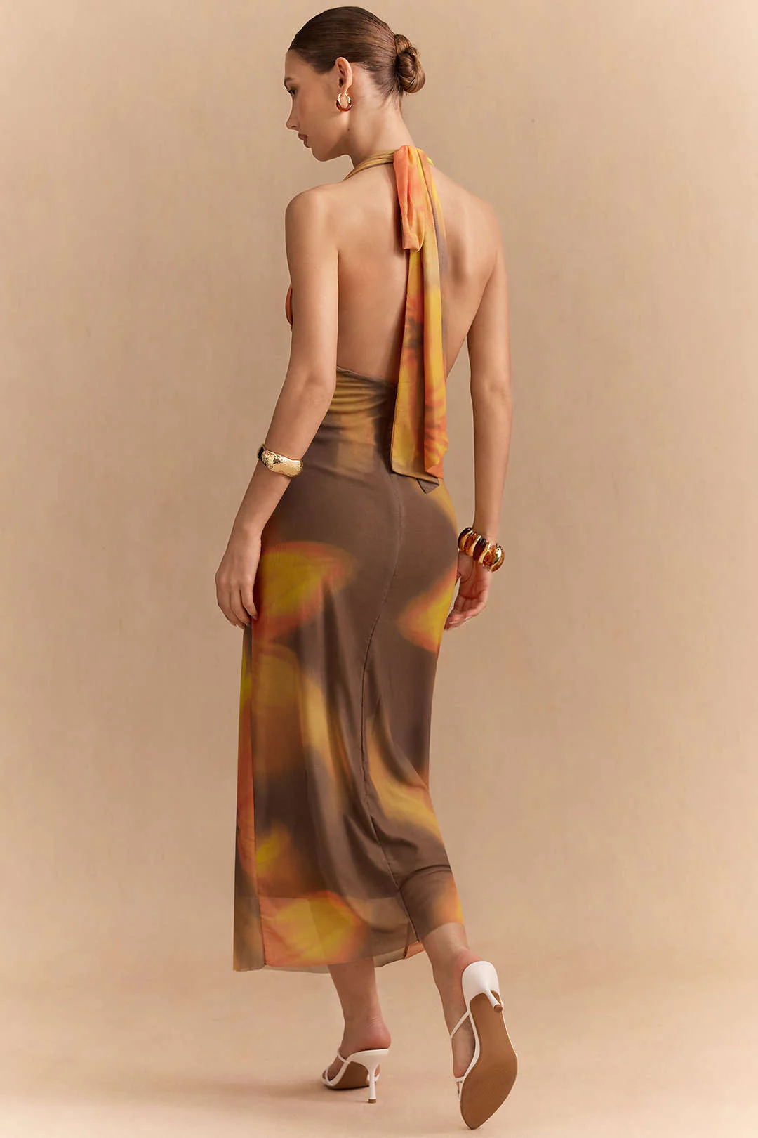 Floral Print Mesh Halter V-Neck Strappy Backless Sleeveless Midi Dress - Weenar