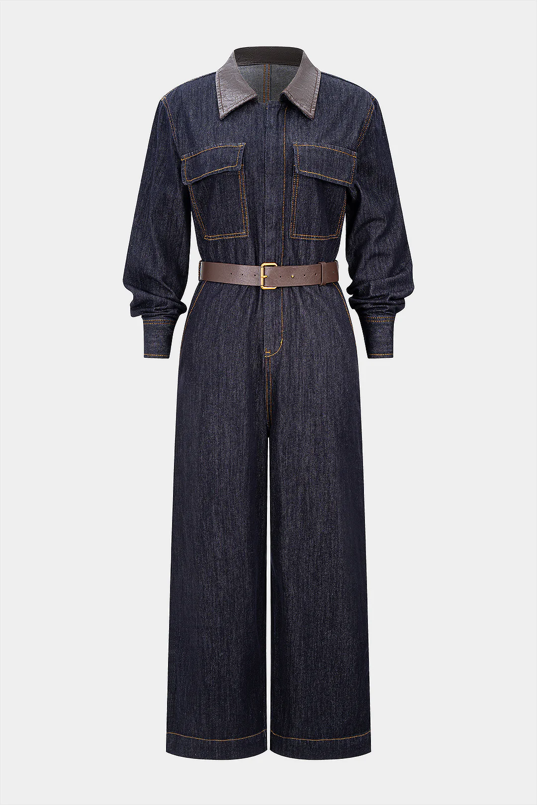 Denim Faux Leather Patchwork Belted Long-Sleeve Jumpsuit - Weenar