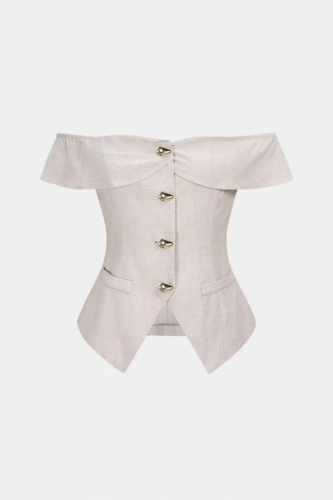 Linen Metallic Button Off-Shoulder Sleeveless Top - Weenar