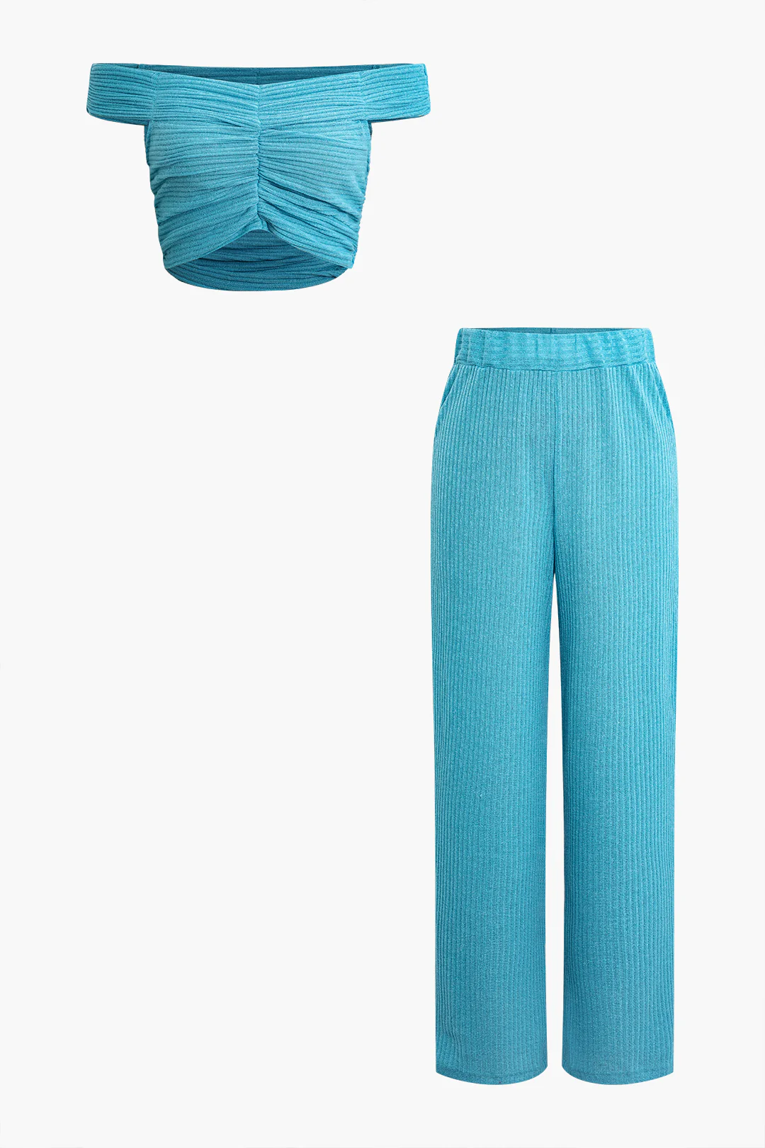Off Shoulder Ruched Top And Wide Leg Pants Set - Weenar