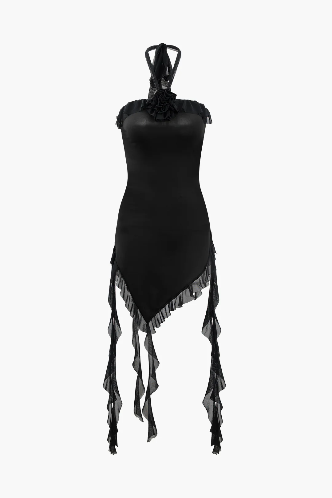 3D Flower Decor Backless Ruffle Halter Neck Sleeveless Mini Dress - Weenar