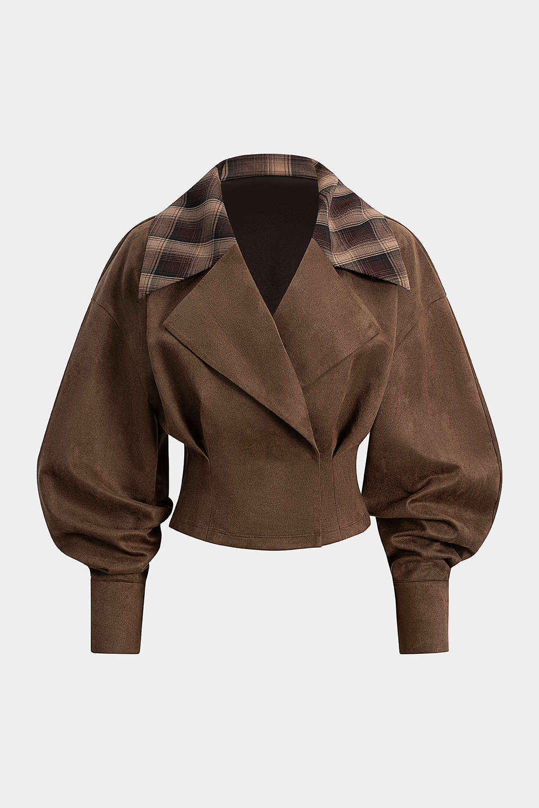 Suede Patchwork Notched Lapel Long-Sleeve Top - Weenar