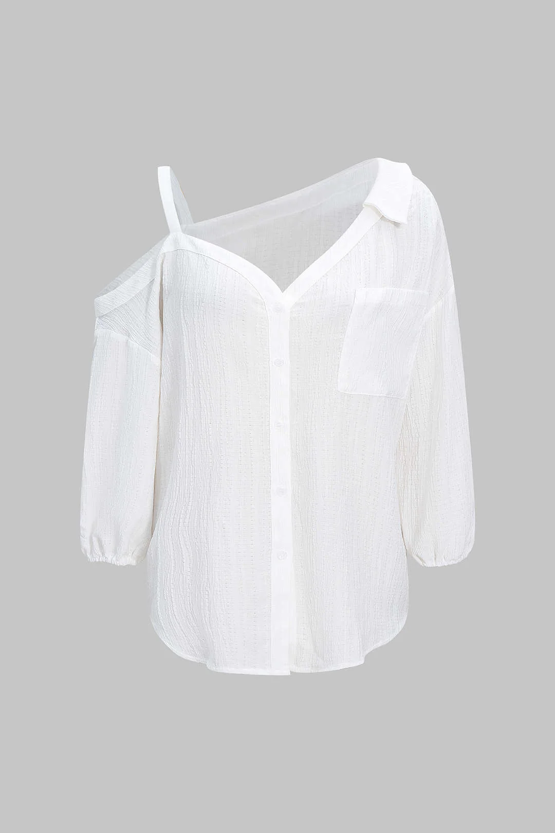 Plus Size Button Asymmetrical Shoulder Long-Sleeve Shirt - Weenar