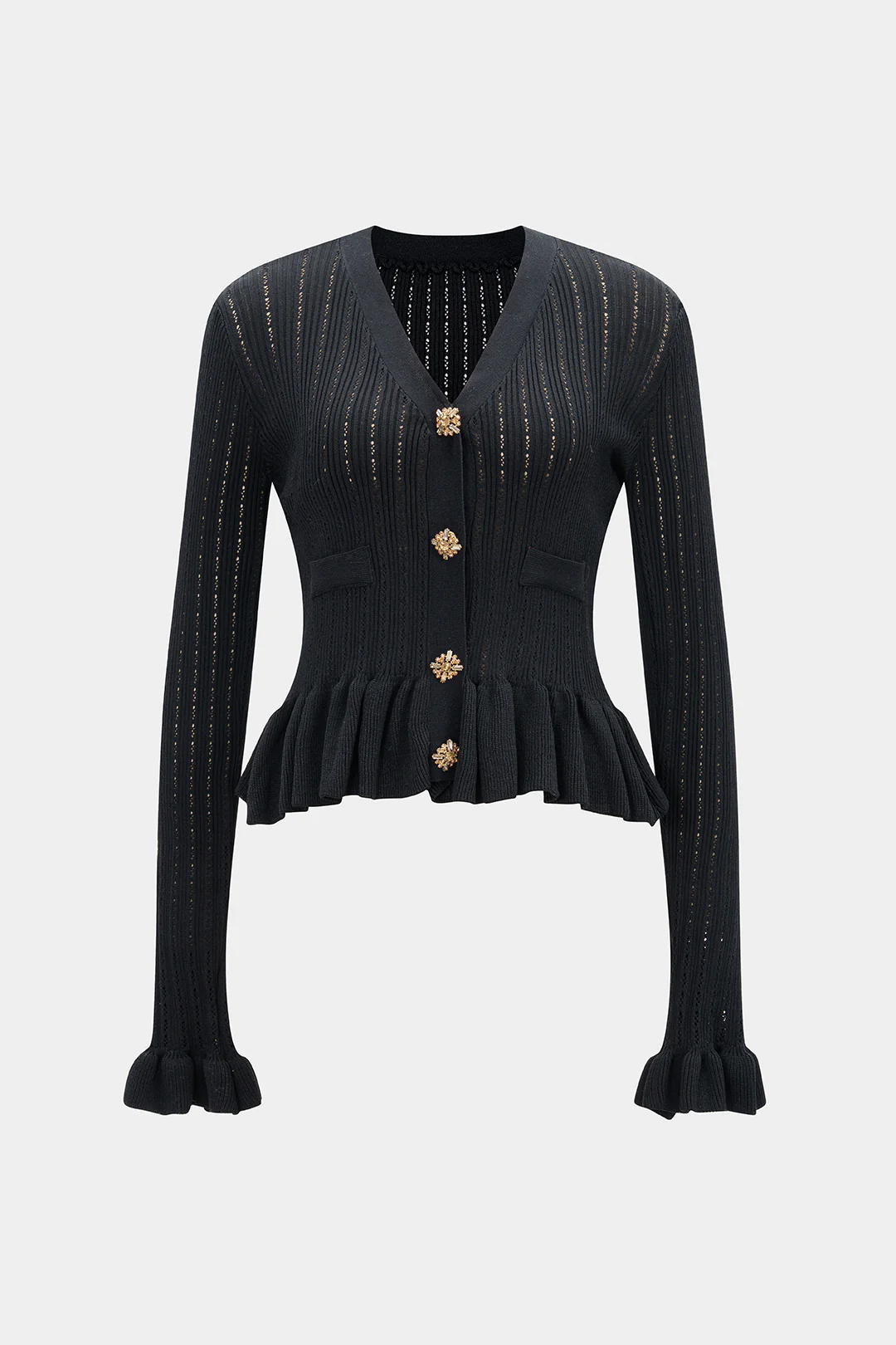 Knit Ruffle V-Neck Metallic Button Cardigan - Weenar