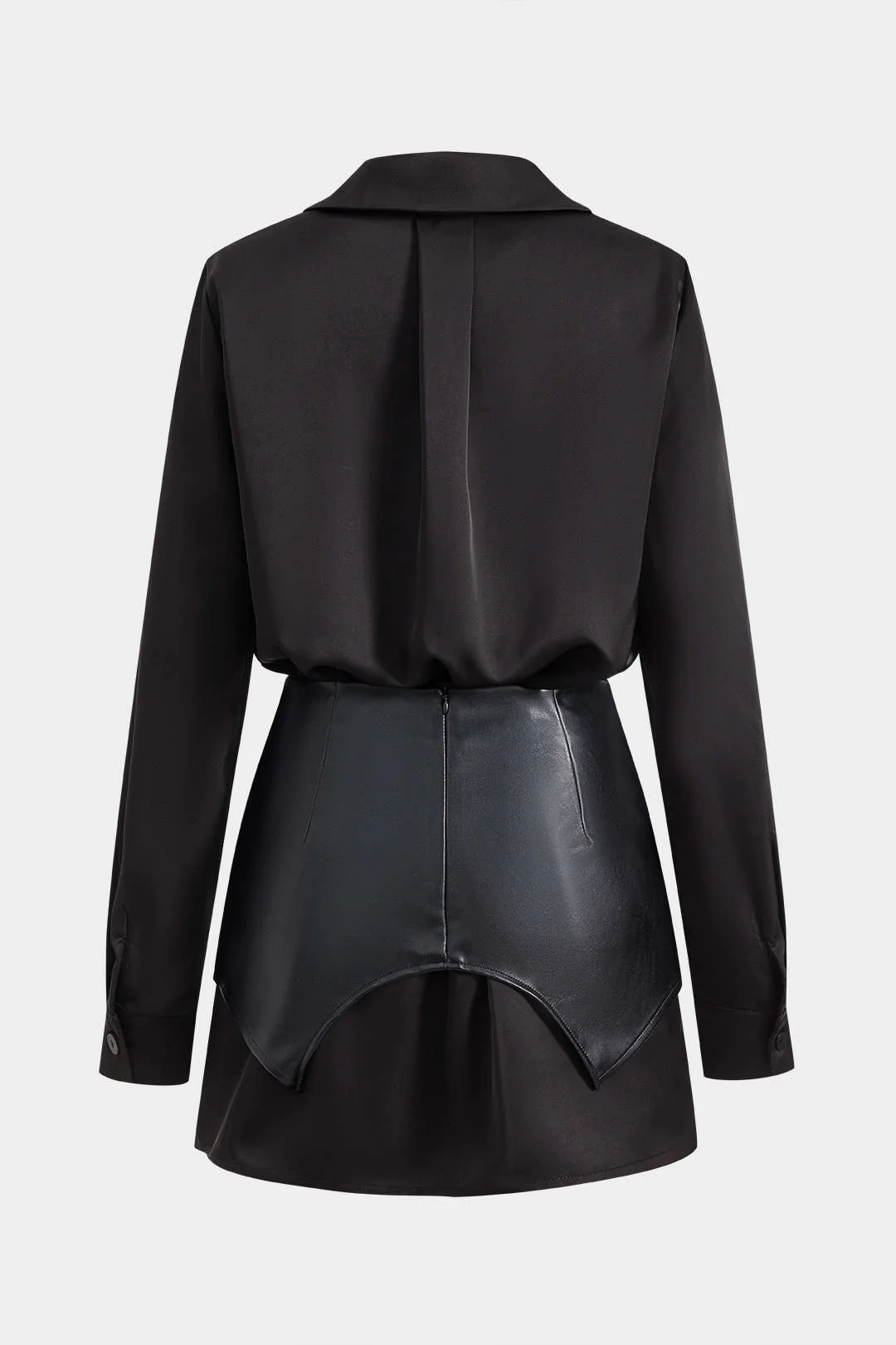 Satin Faux Leather Pocket Button Zipper Long Sleeve Mini Dress - Weenar