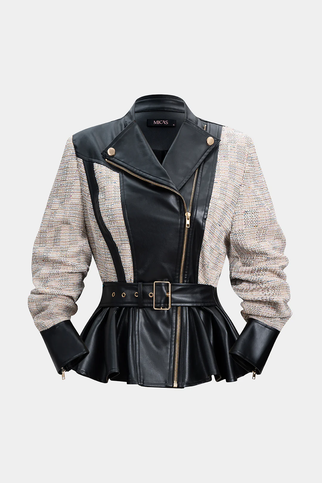 Faux Leather Patchwork Belted Zipper Jacket - Weenar