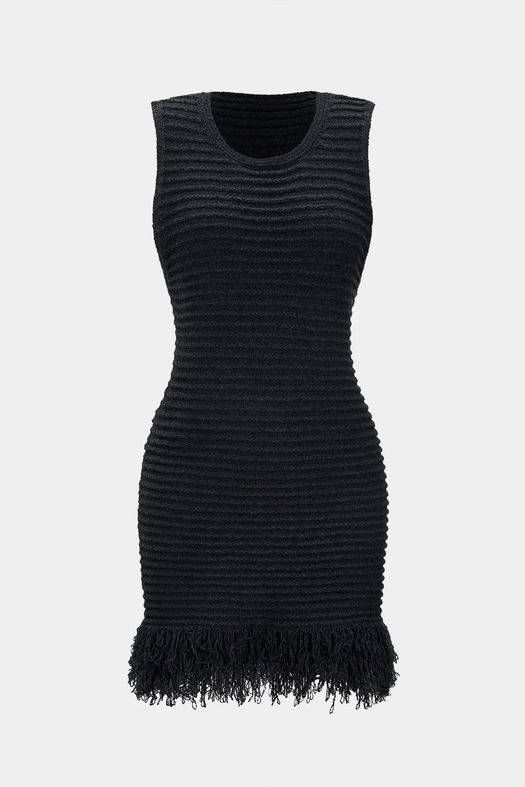 Knit Texture Fringe Sleeveless Dress - Weenar