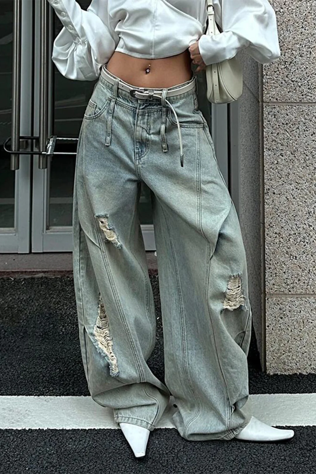 Denim Ripped Ruched Barrel Jeans - Weenar