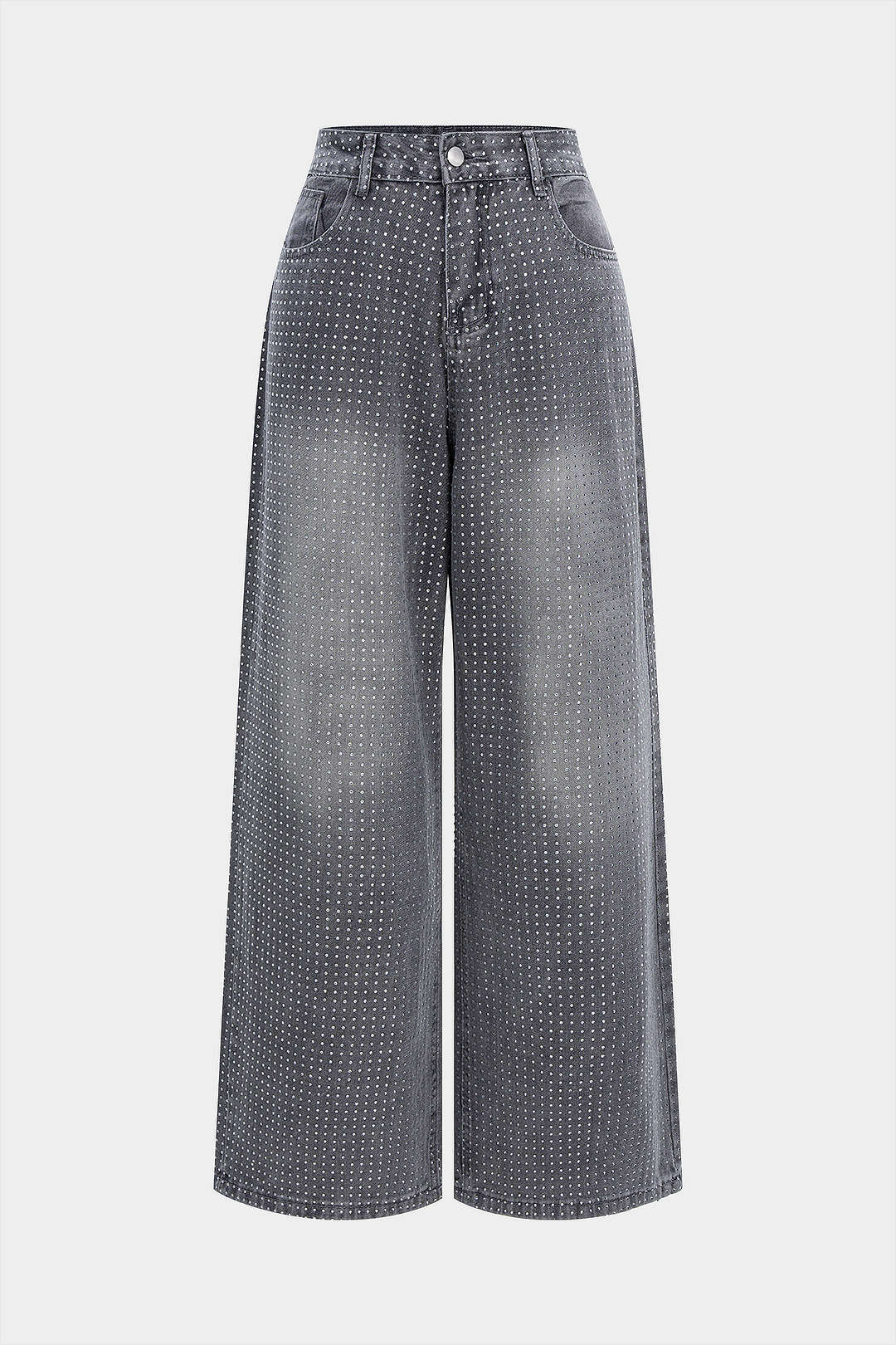 Denim Rhinestone High Waist Straight Leg Jeans - Weenar