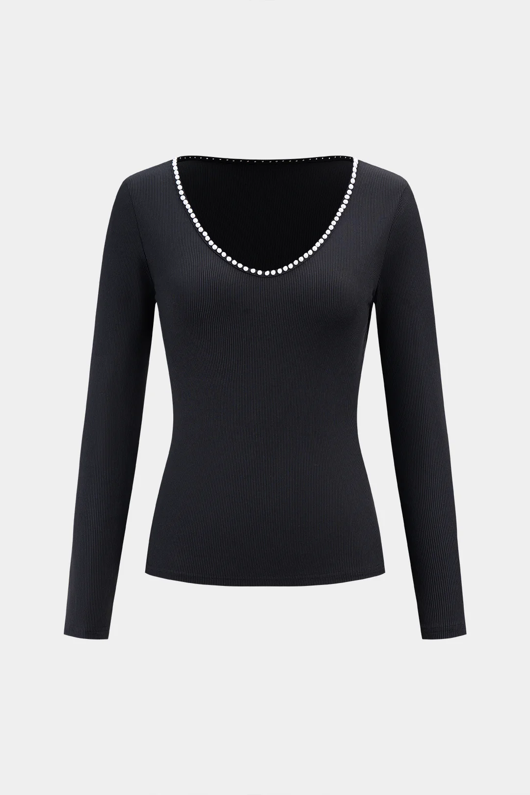 Knit Pearl Decor Long-Sleeve Top - Weenar