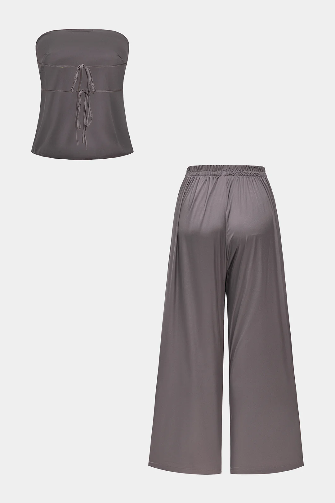 Backless Tie Up Tube Top And Shirred Trousers Set - Weenar
