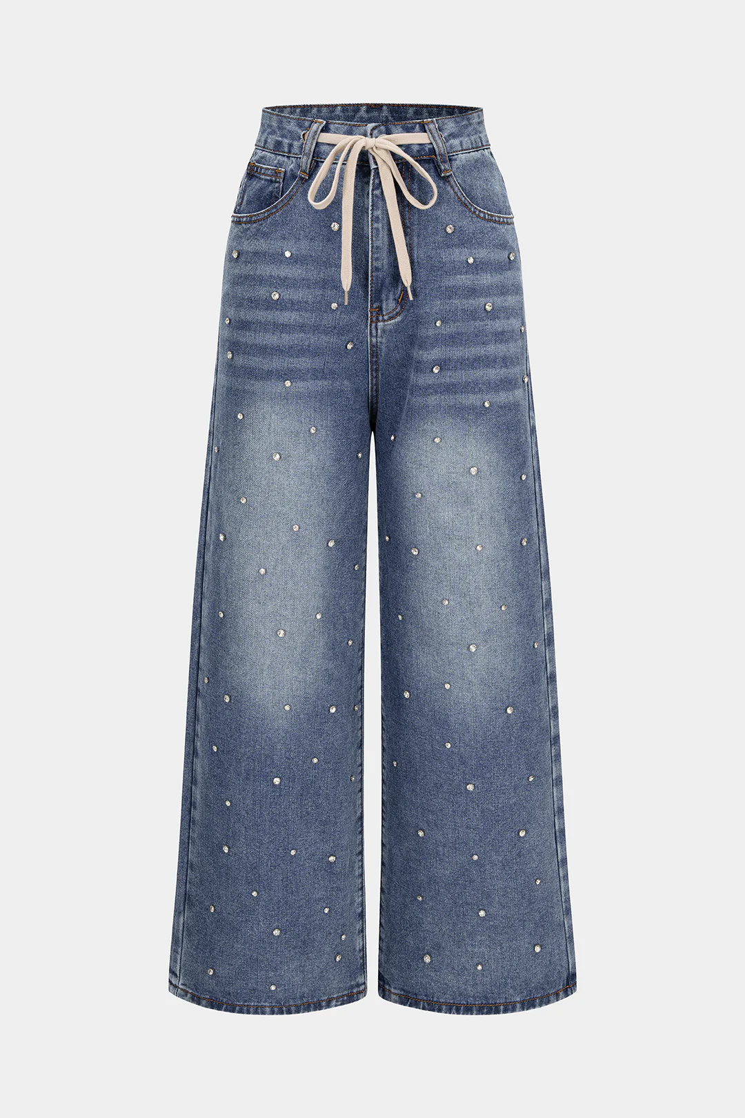 Denim Drawstring Beads Decor High Waist Wide Leg Jeans - Weenar