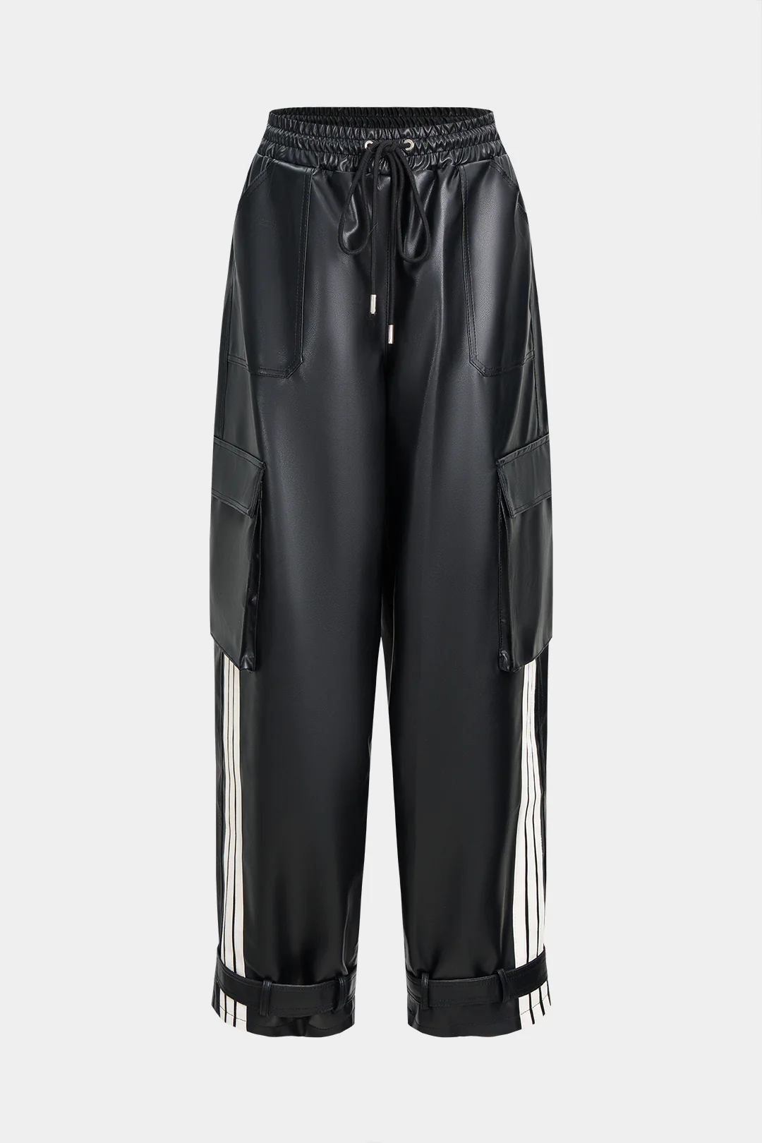 Faux Leather Shirred Waistband Drawstring Wide Leg Pants - Weenar