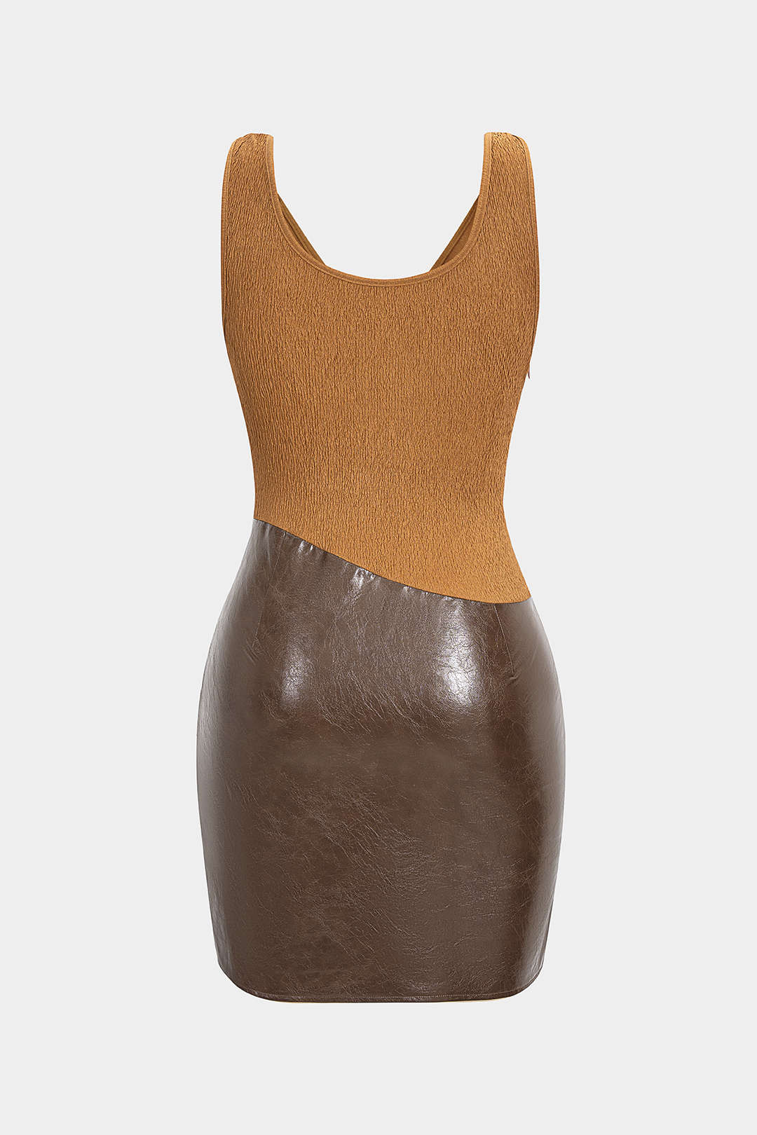 Faux Leather Jacquard Metallic Patchwork Ruched Sleeveless Midi Dress - Weenar