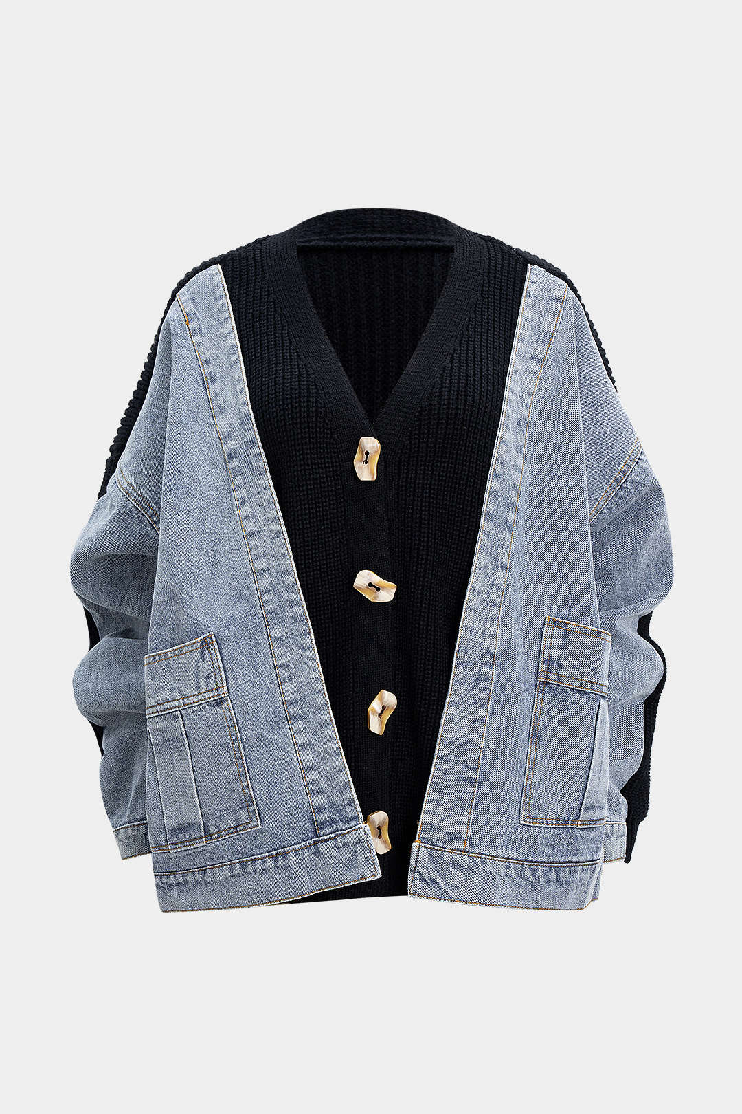 Denim Patchwork V-Neck Pocket Sweater Cardigan - Weenar