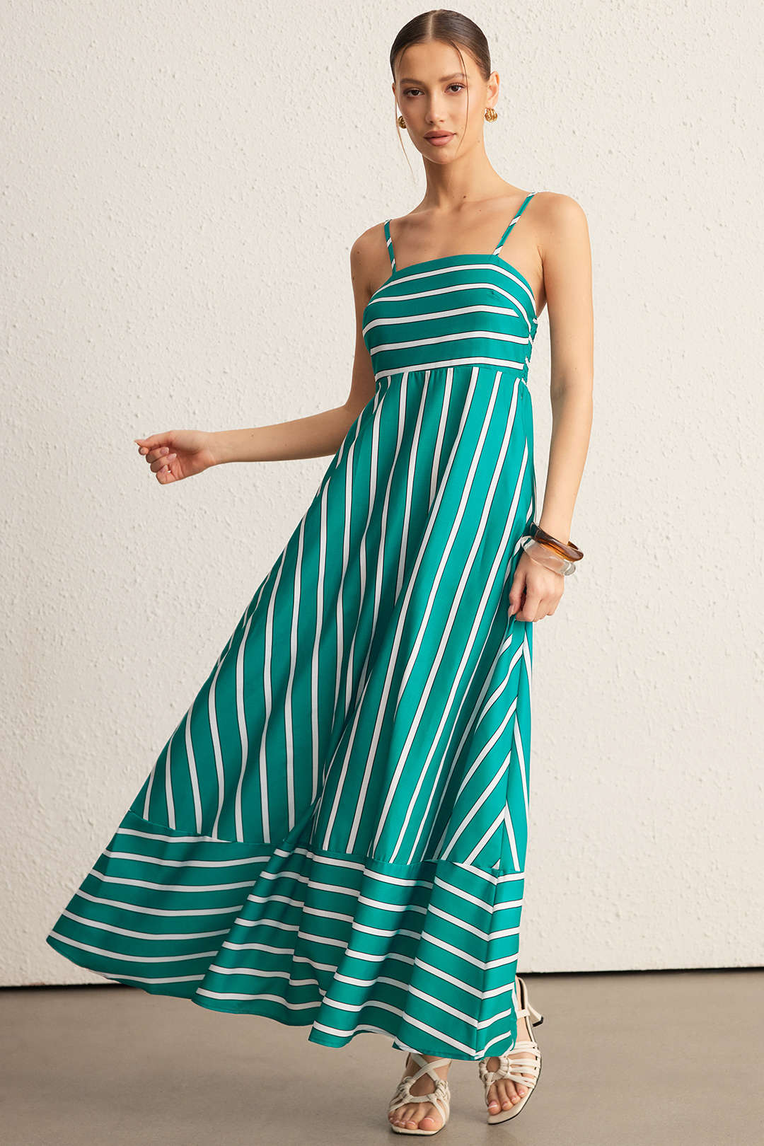 Stripes Print Backless Smocked Pocket Sleeveless Maxi Dress - Weenar
